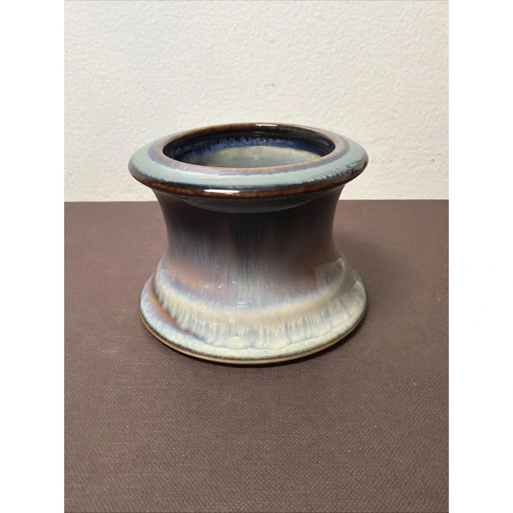 Bill Campbell Art Pottery Votive Candle Holder Blue Brown Drip Glaze Signed
